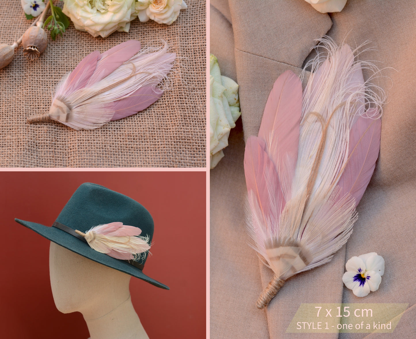 Blush Pink and Ivory Peacock Feather Buttonhole