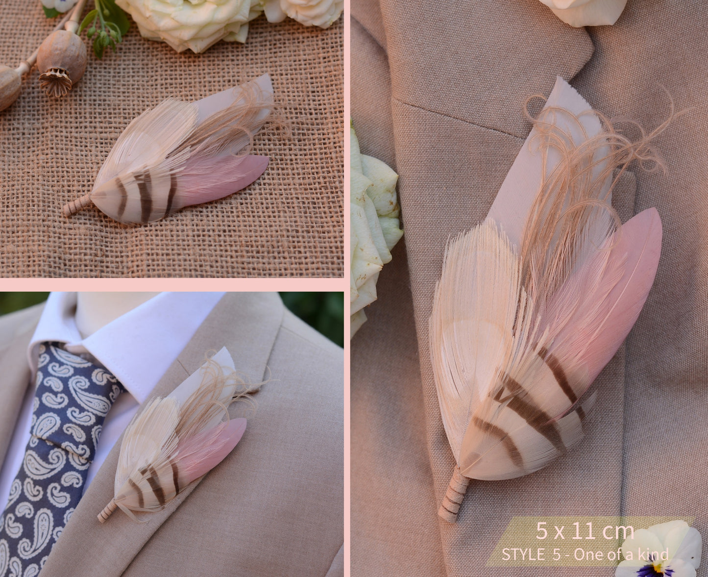 Blush Pink and Ivory Peacock Feather Buttonhole
