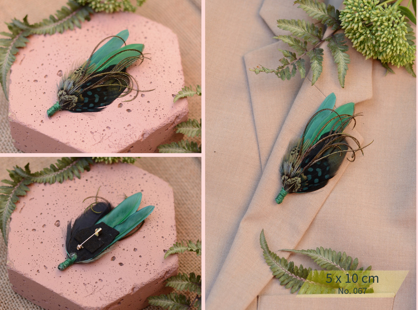 Green Feather Boutonniere No.067 and No.069