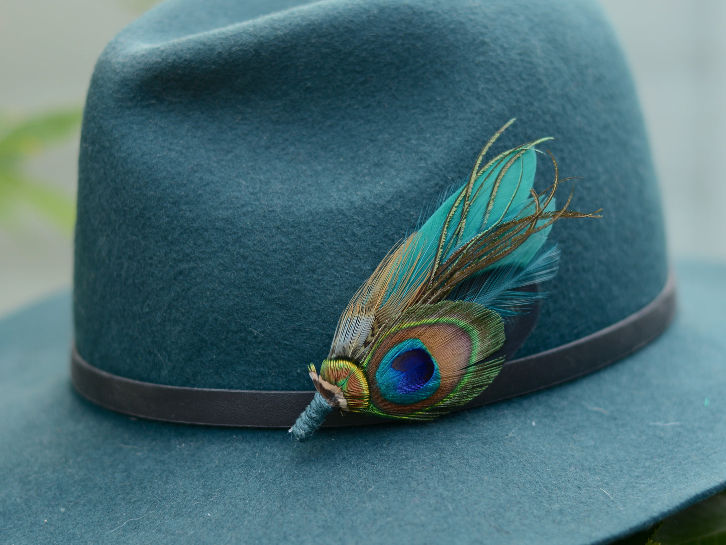 Teal and Green Peacock and Pheasant Feather Lapel Pin No.068