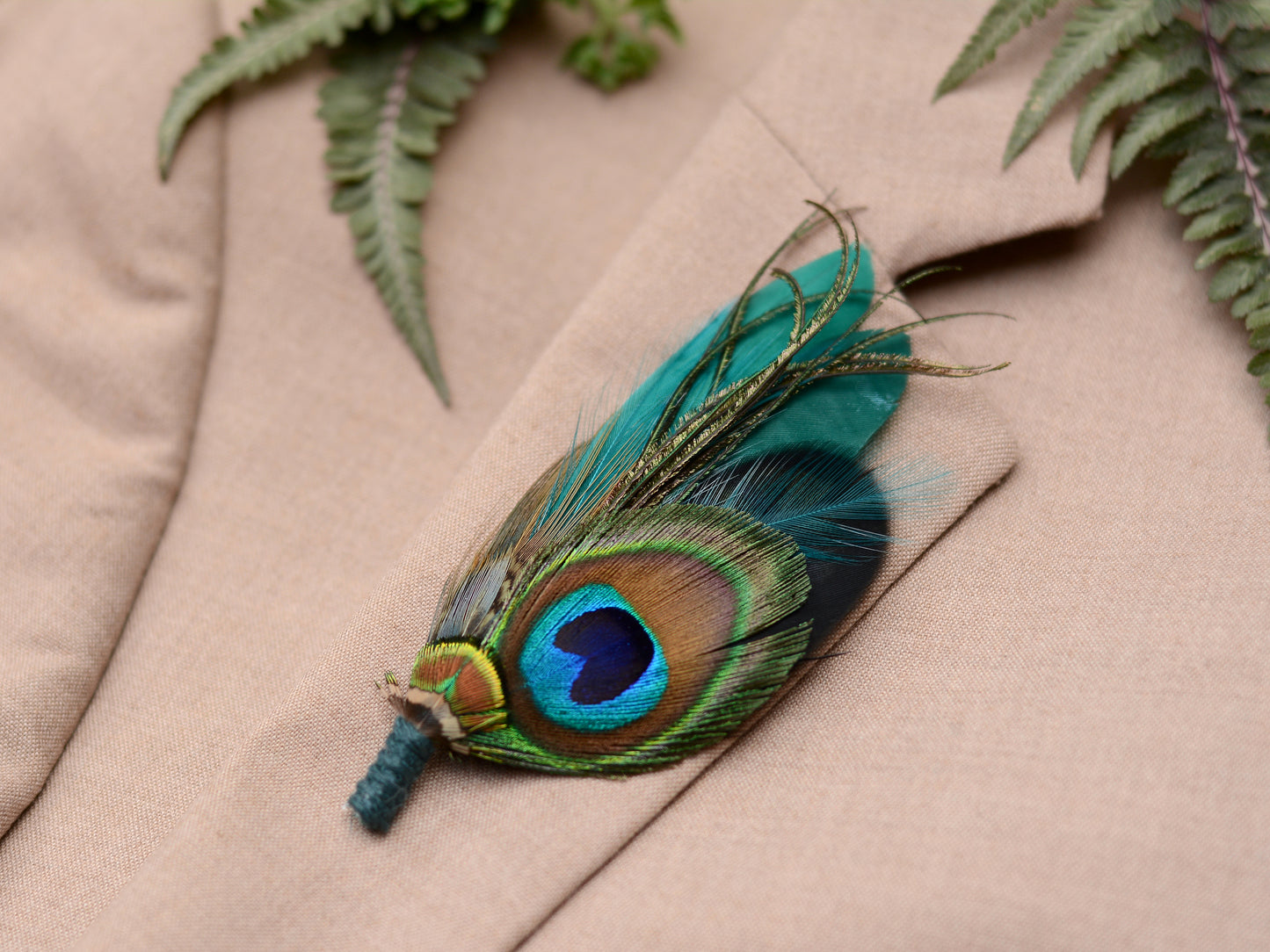 Teal and Green Peacock and Pheasant Feather Lapel Pin No.068