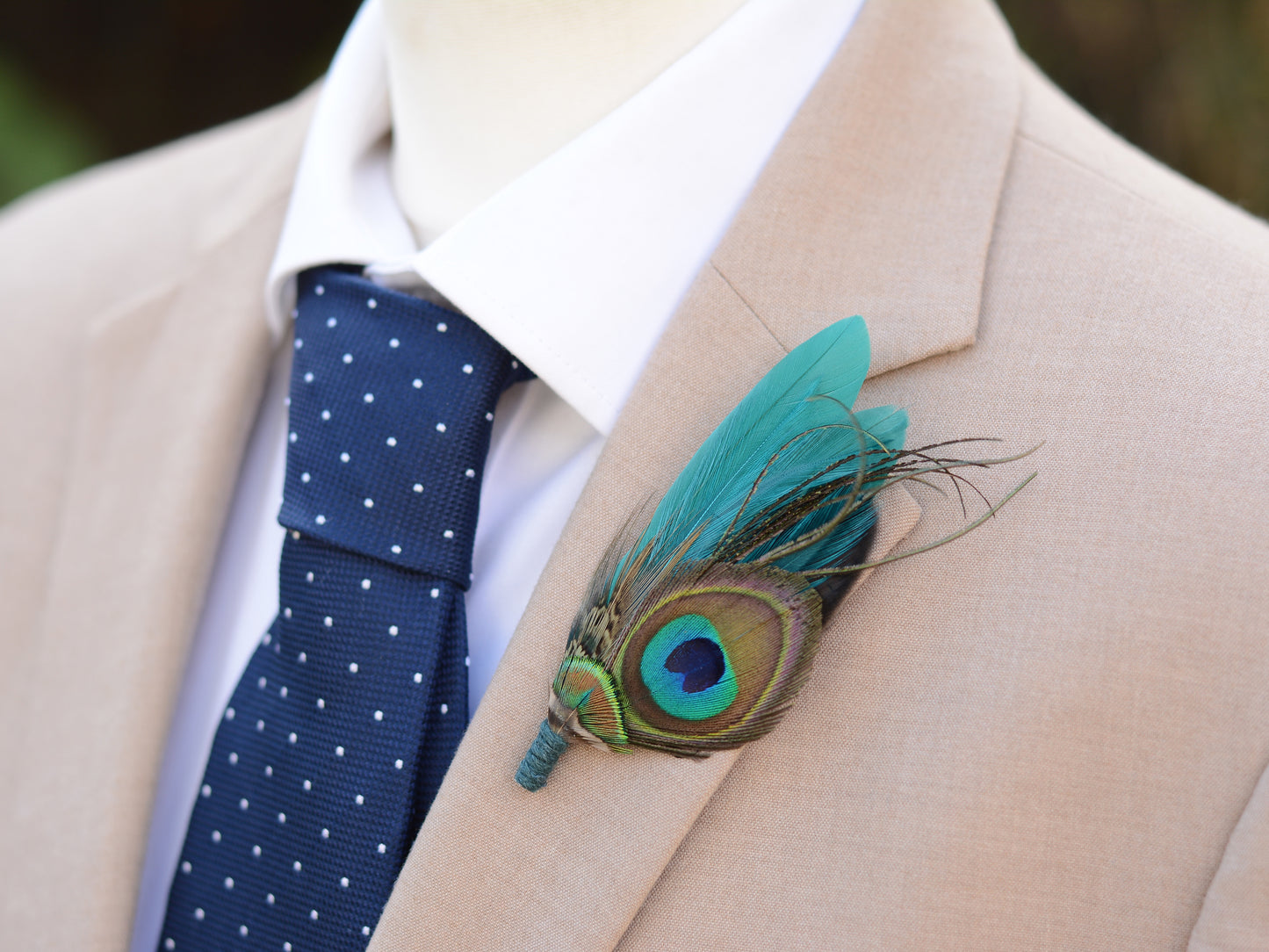 Teal and Green Peacock and Pheasant Feather Lapel Pin No.068