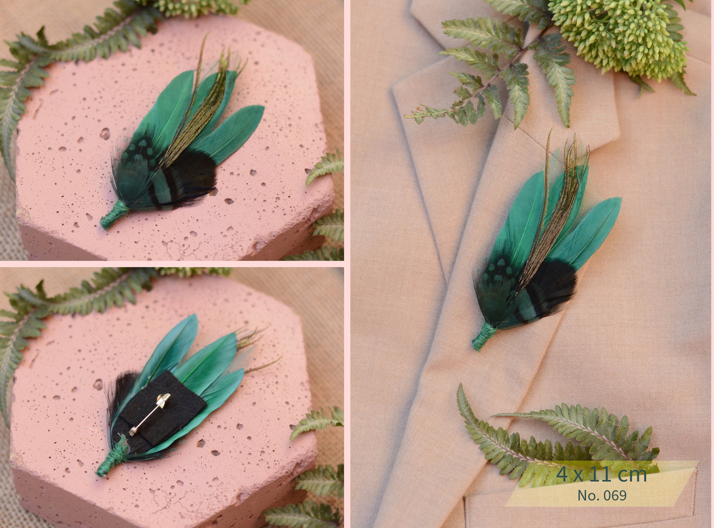 Green Feather Boutonniere No.067 and No.069