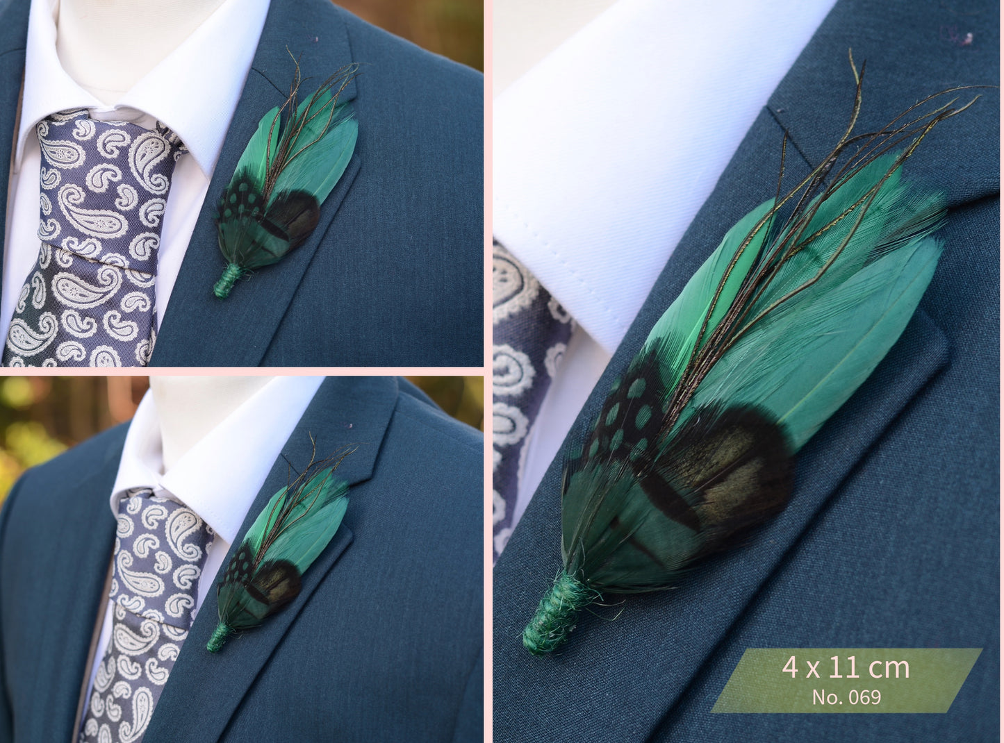 Green Feather Boutonniere No.067 and No.069