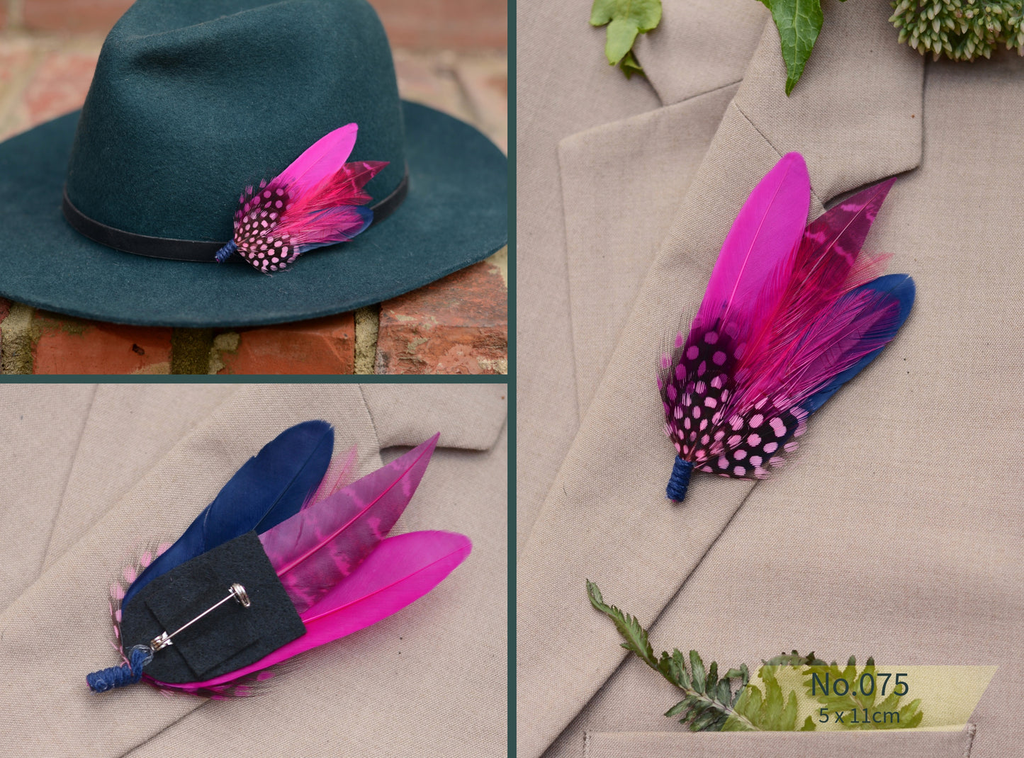Pink and Navy Blue Feather Lapel Pins / Hat Pins