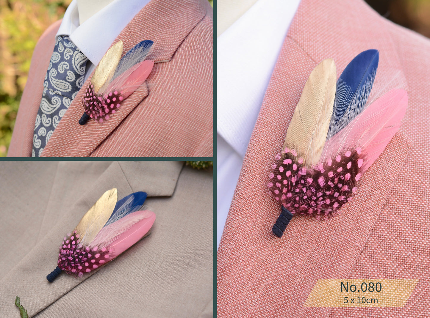 Pink and Navy Blue Feather Lapel Pins / Hat Pins