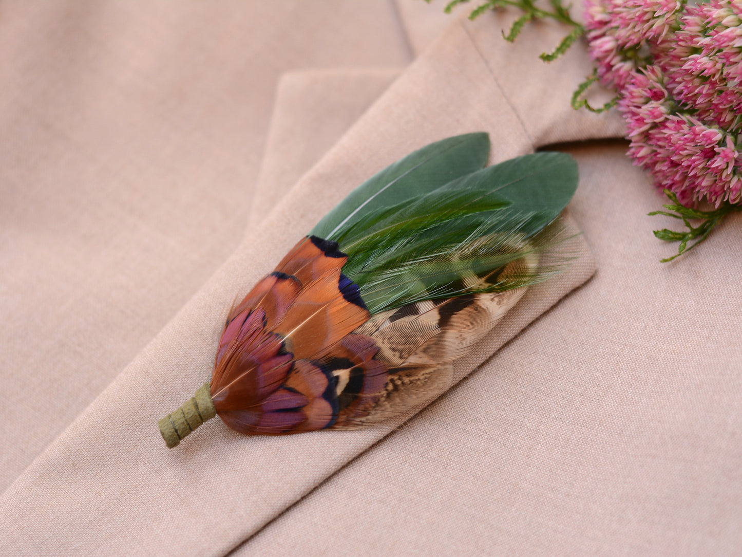 Green and Copper Pheasant Feather Lapel Pin No.85
