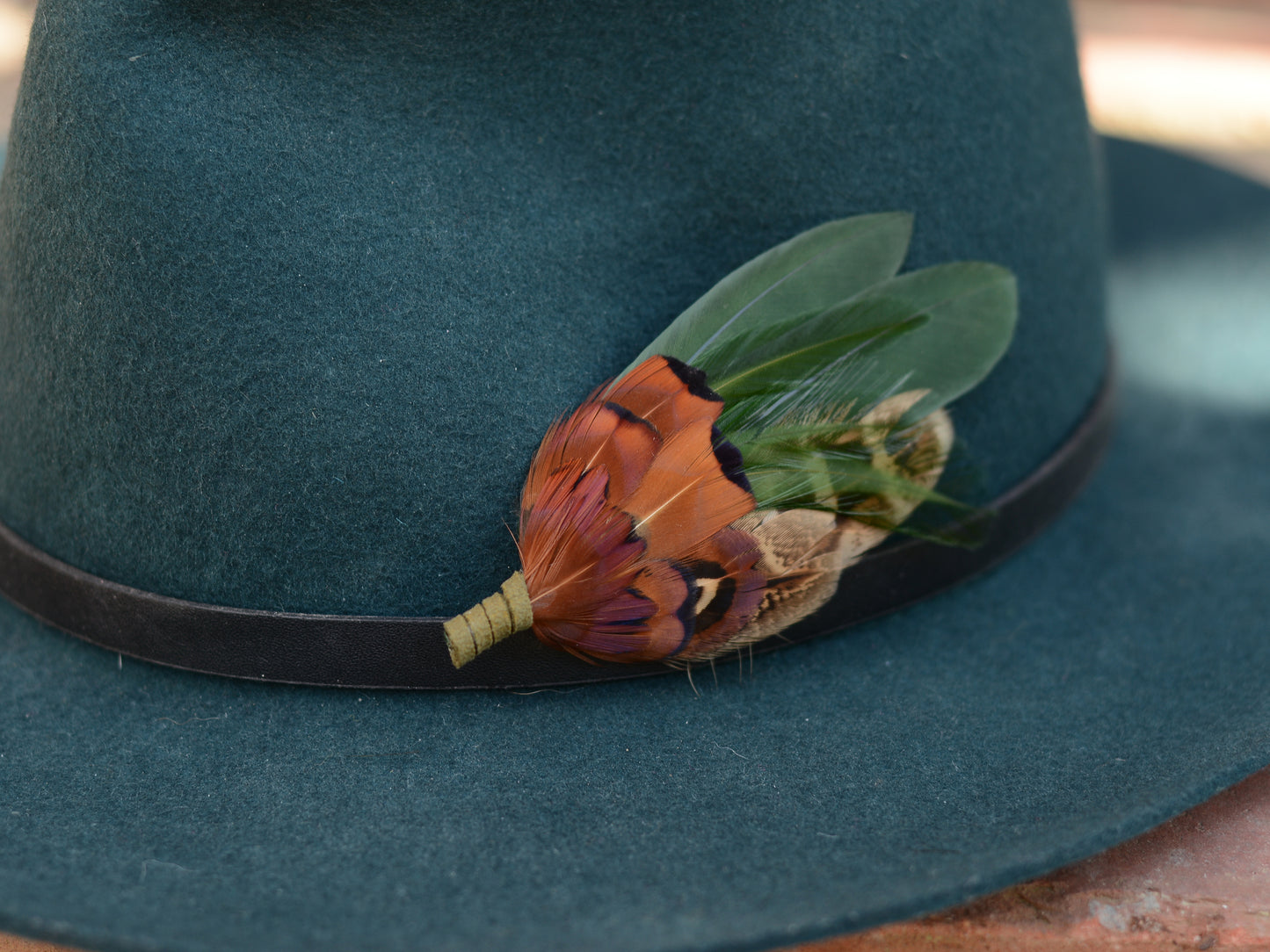 Green and Copper Pheasant Feather Lapel Pin No.85