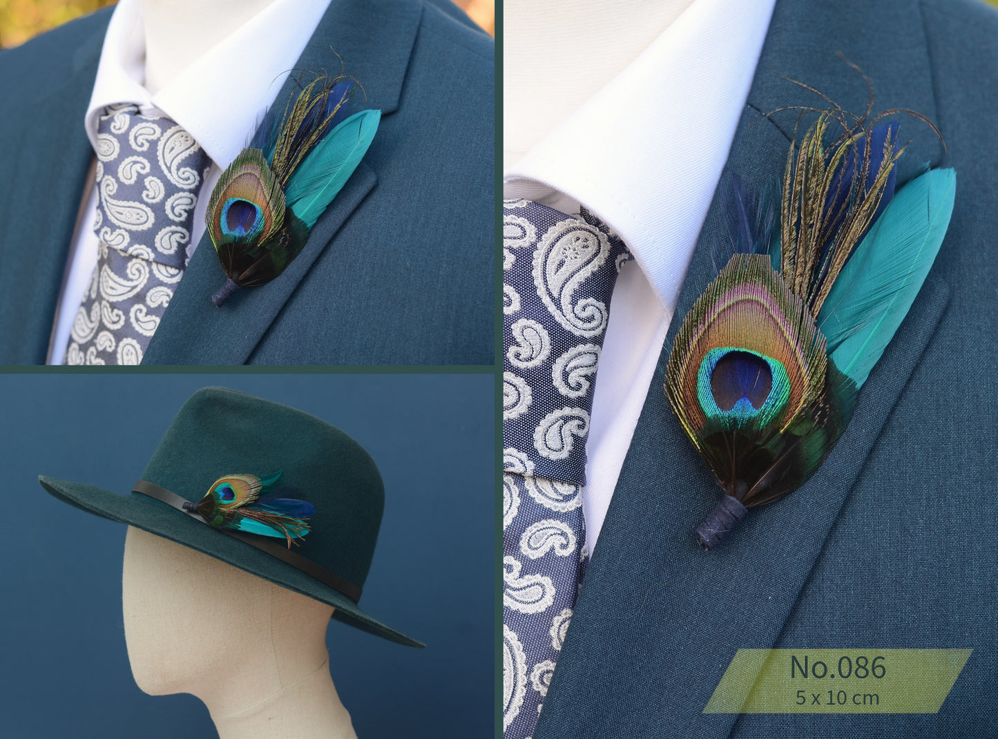 Peacock Feather Boutonniere in Teal, Navy and Burgundy