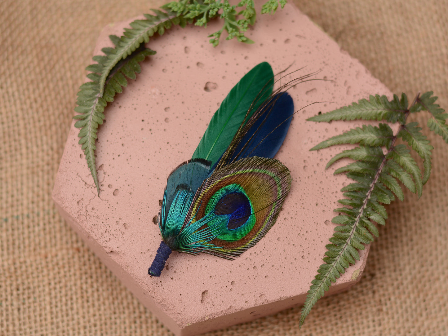 Green and Navy Peacock and Pheasant Feather Boutonniere No.093