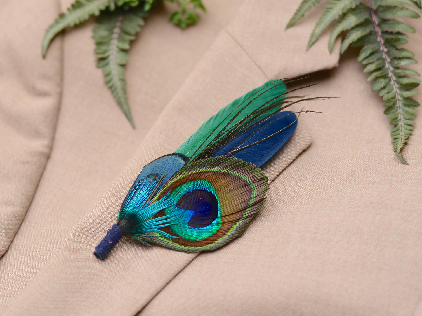 Green and Navy Peacock and Pheasant Feather Boutonniere No.093