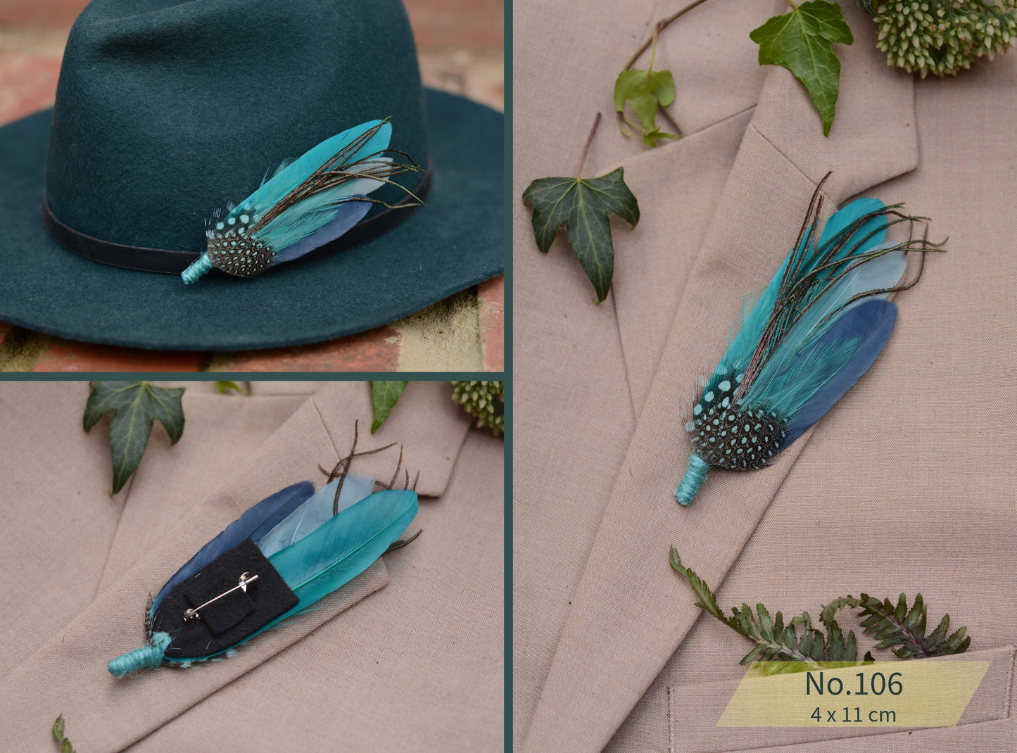 Ombre Teal, Turquoise and Blue Duck Feather Lapel Pins