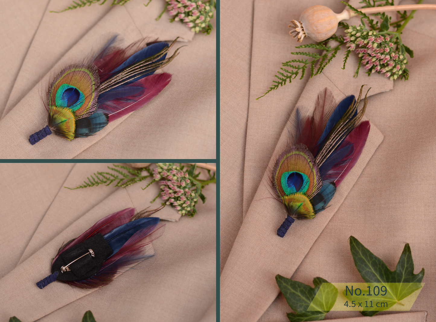 Peacock Feather Boutonniere in Teal, Navy and Burgundy