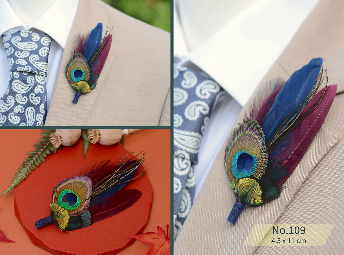 Peacock Feather Boutonniere in Teal, Navy and Burgundy