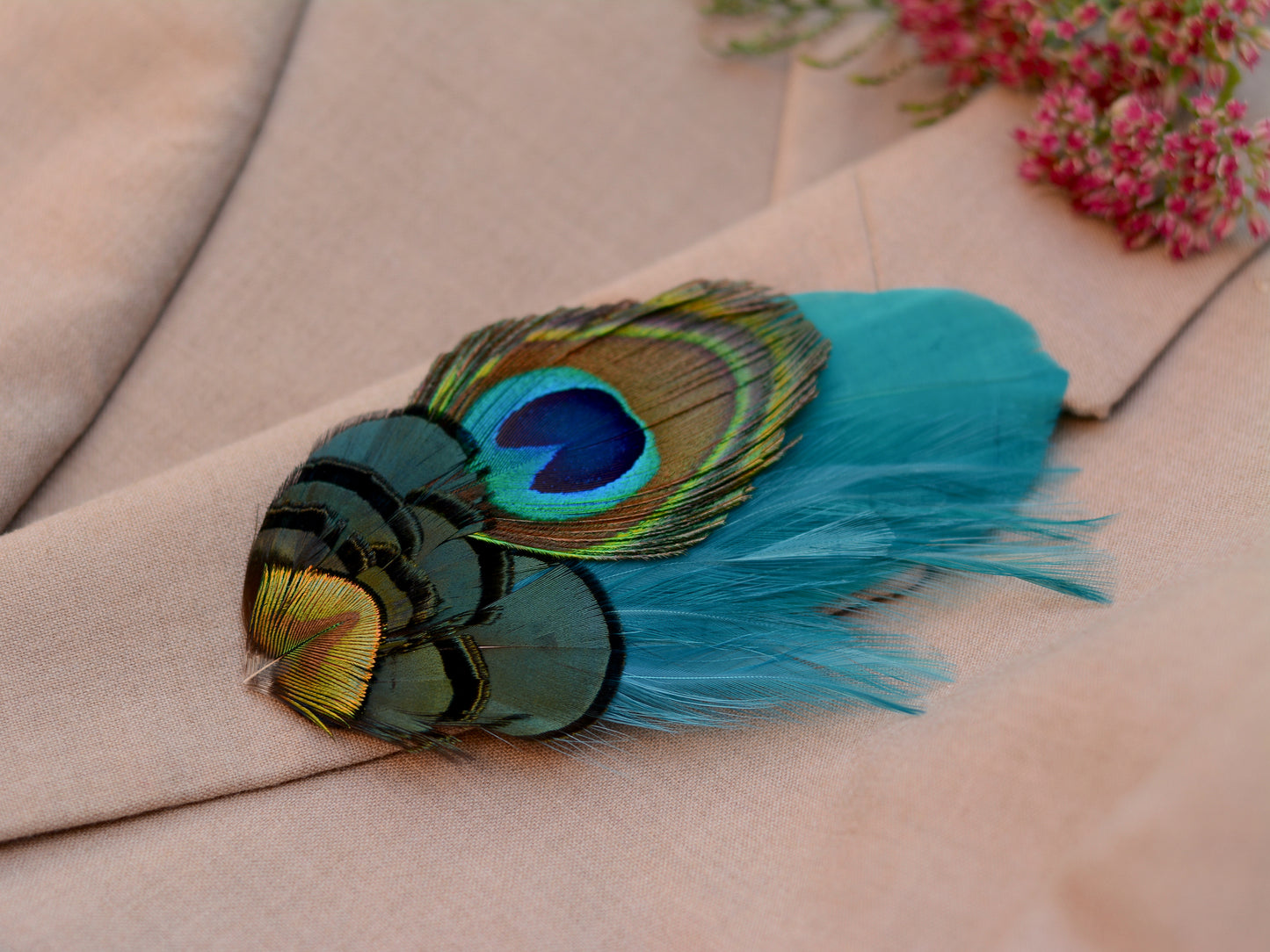 Teal and Peacock Feather Boutonniere