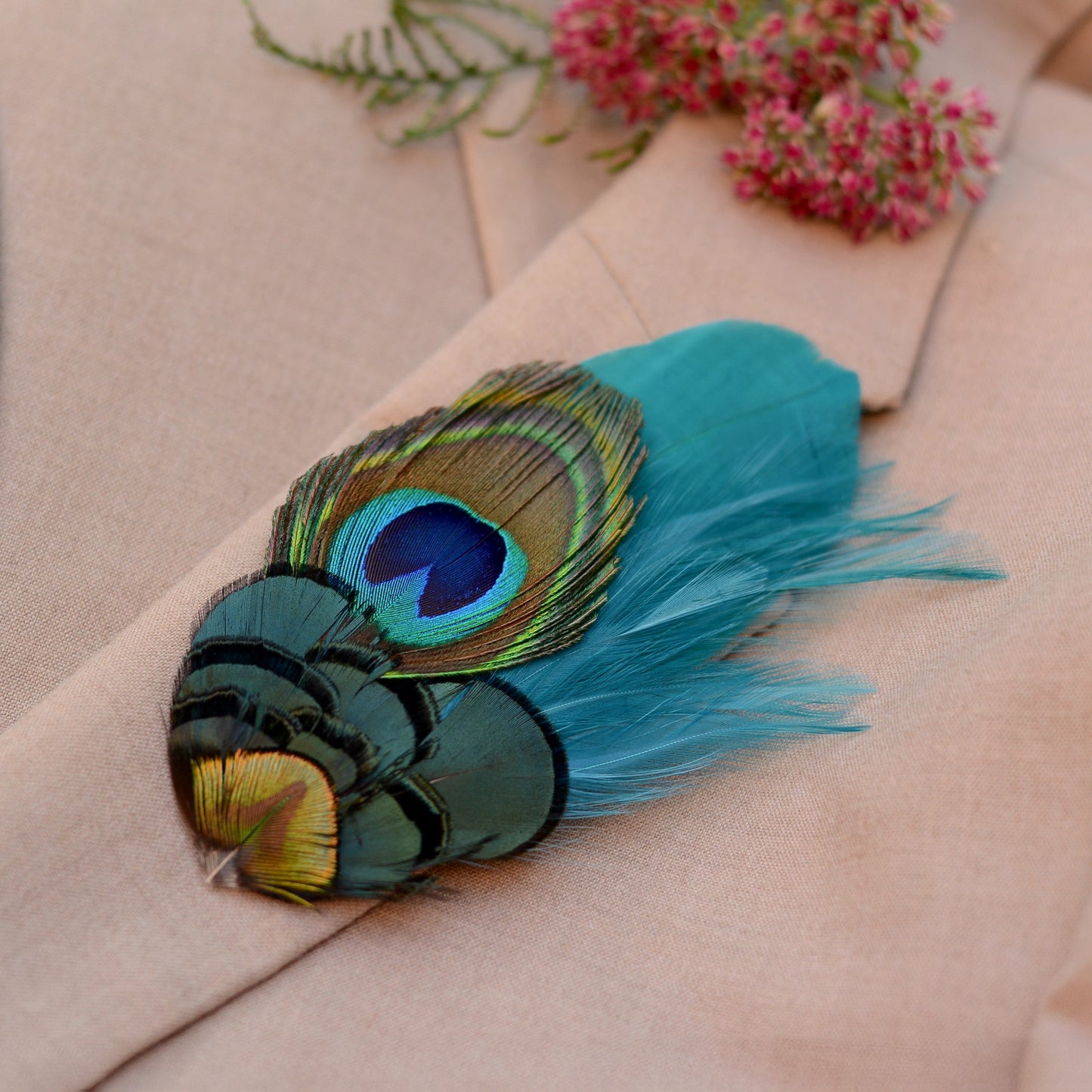 Teal and Peacock Feather Boutonniere