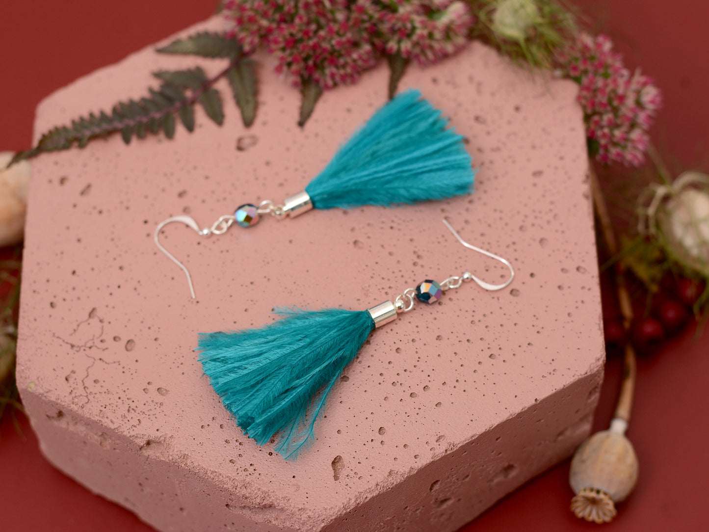 Teal Turquoise Ostrich Feather Tassel Long Earrings
