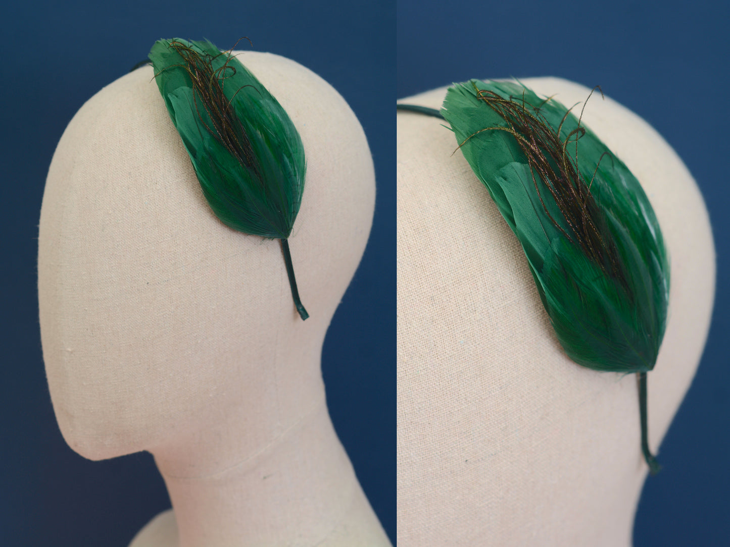 Side Perching Feather Fascinator Headband in Teal, Navy Blue, Plum, Red, Green or Black