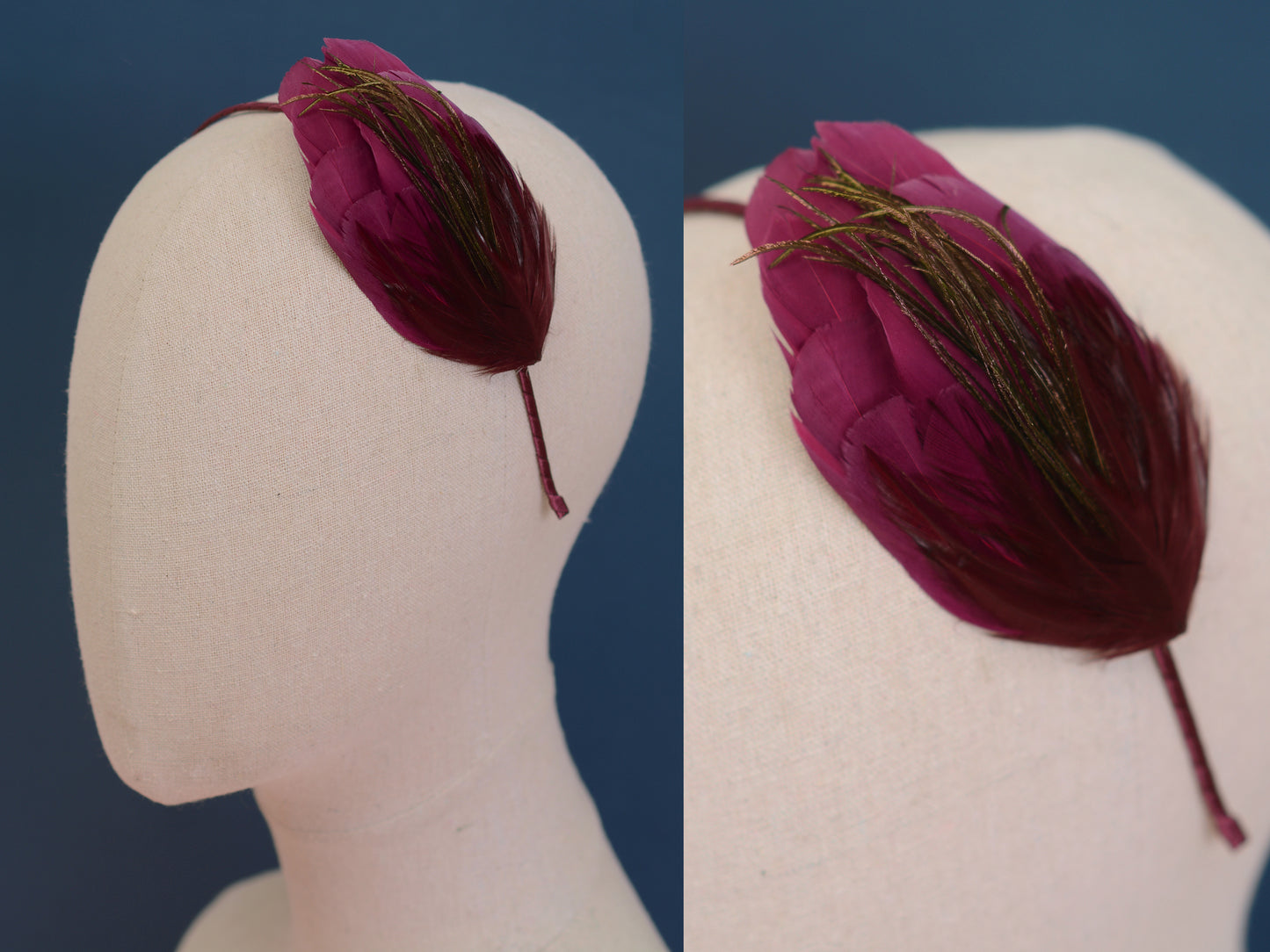 Side Perching Feather Fascinator Headband in Teal, Navy Blue, Plum, Red, Green or Black