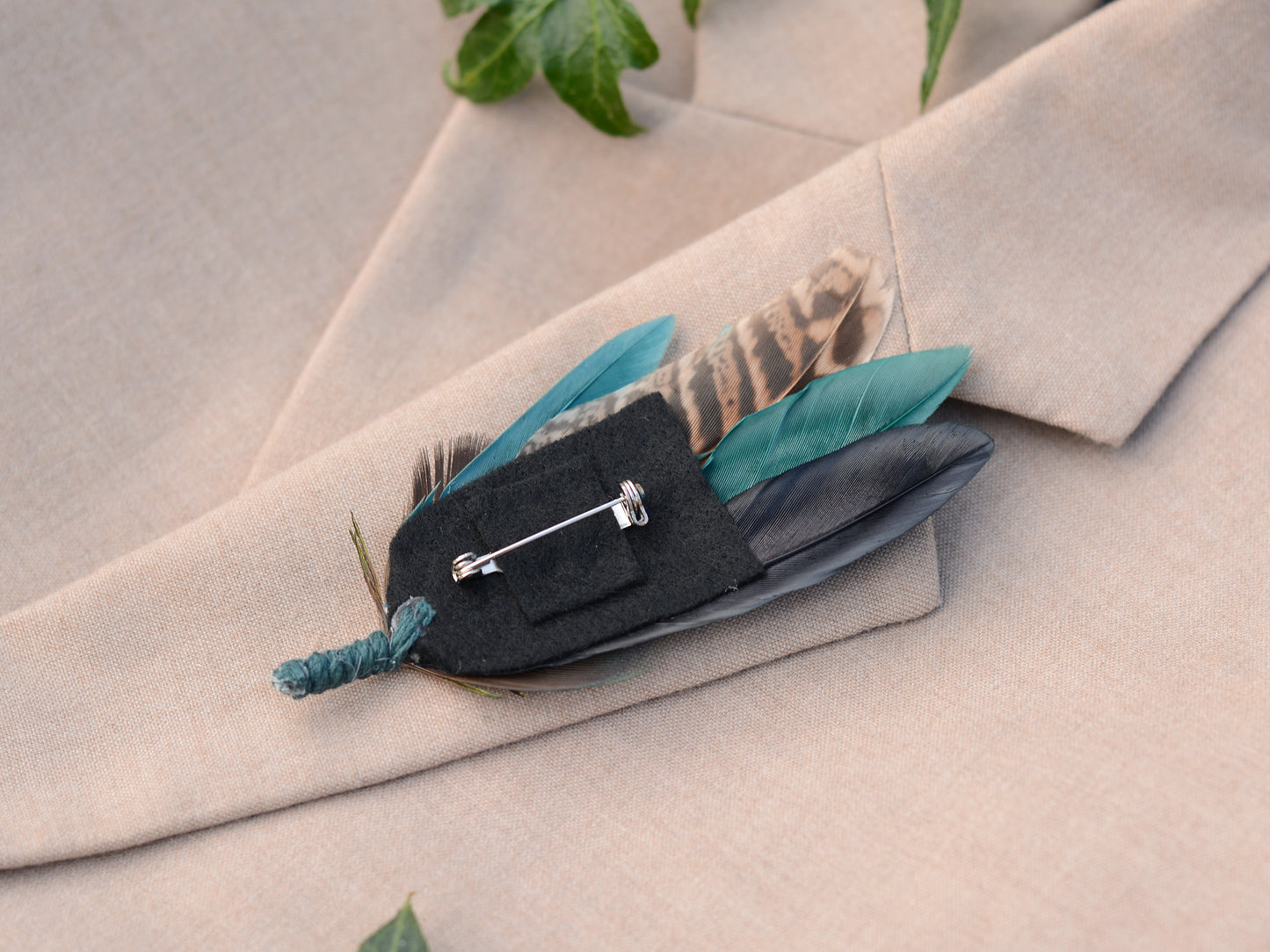 Green, Teal and Black Pheasant Feather Lapel Pin No.240