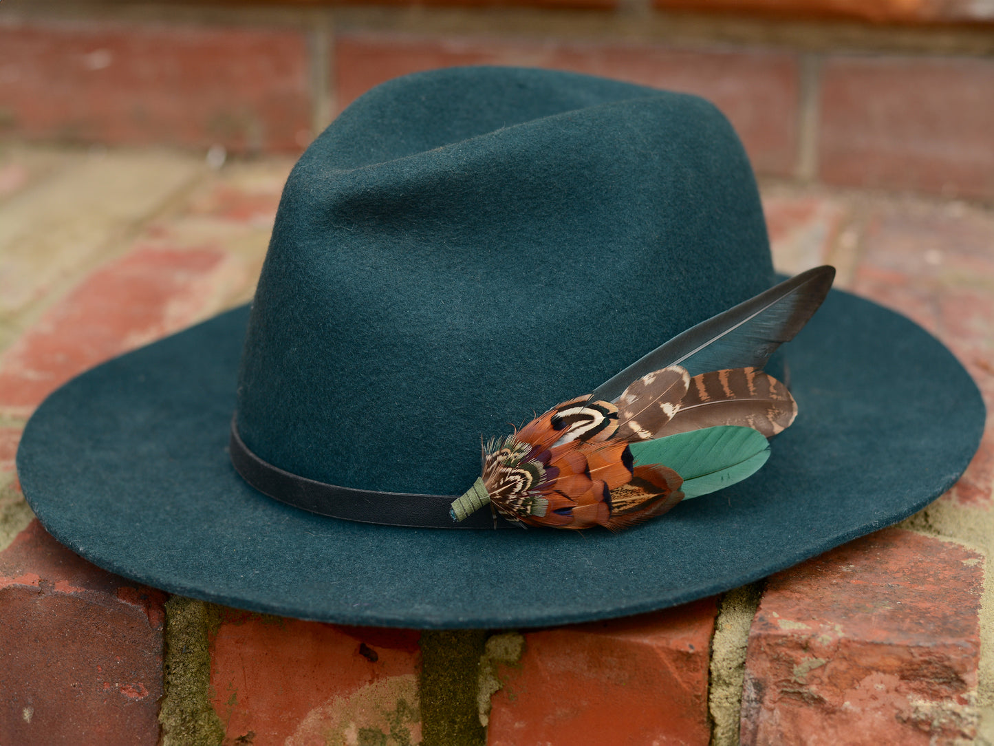 Large Pheasant and Duck Feather Hat Pin / Brooch in Bottle Green and Copper No.272