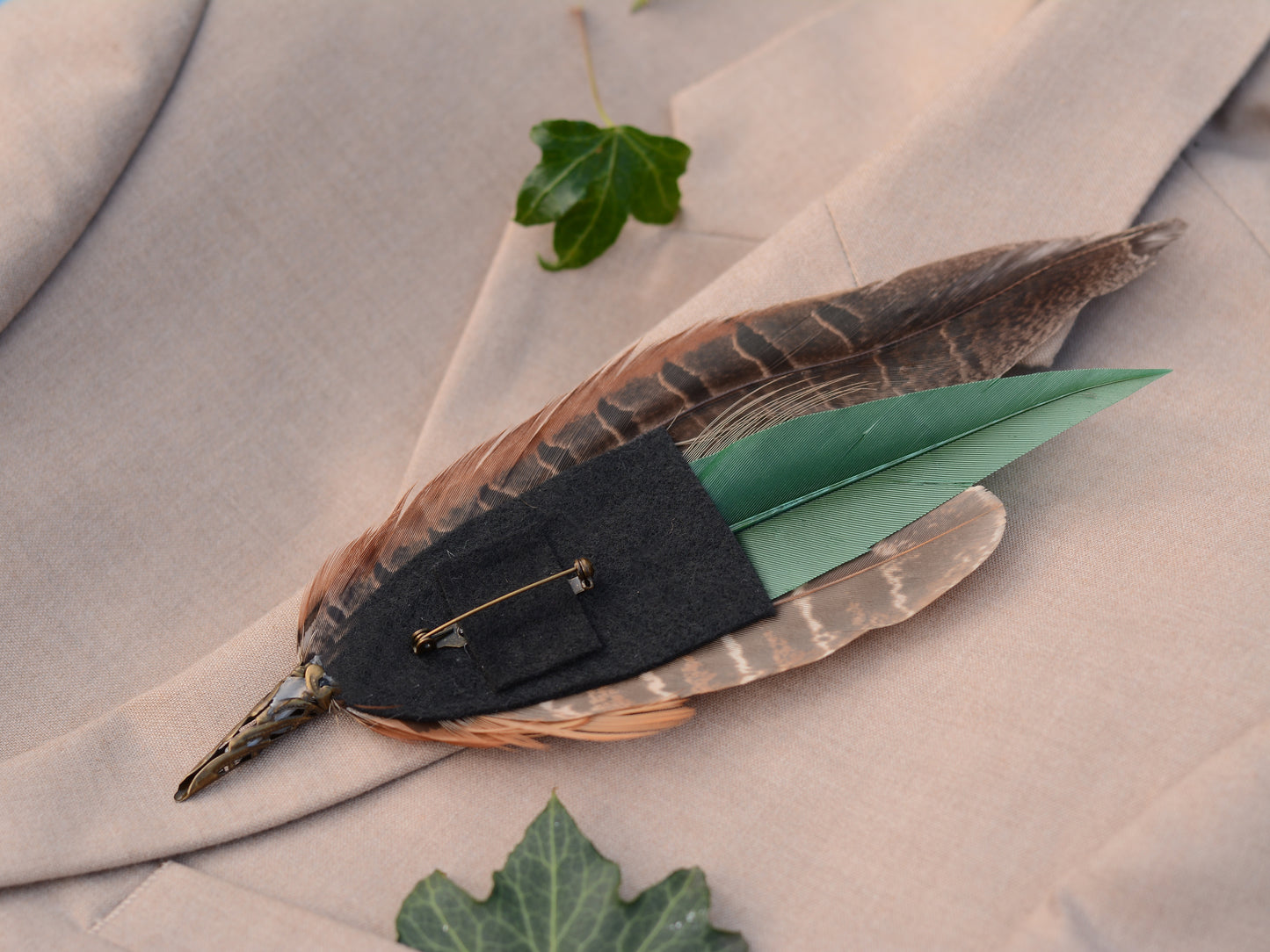 Pheasant Feather Brooch Hat Pin in Green and Copper No.274