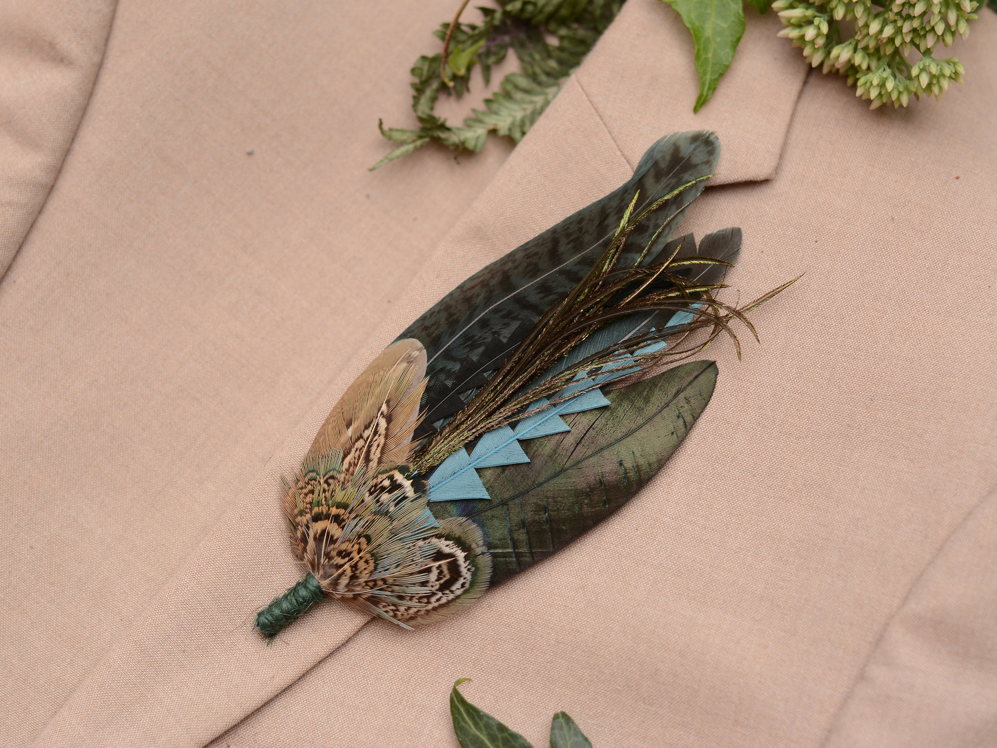 Teal and Green Feather Hat Pin / Boutonniere Large No.323