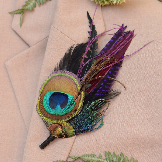 Purple and Peacock Feather Boutonniere / Feather Hat Pin No.325