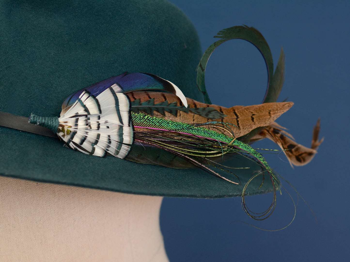 Green, Blue and White Luxury Feather Hat Pin / Lapel Pin No.328