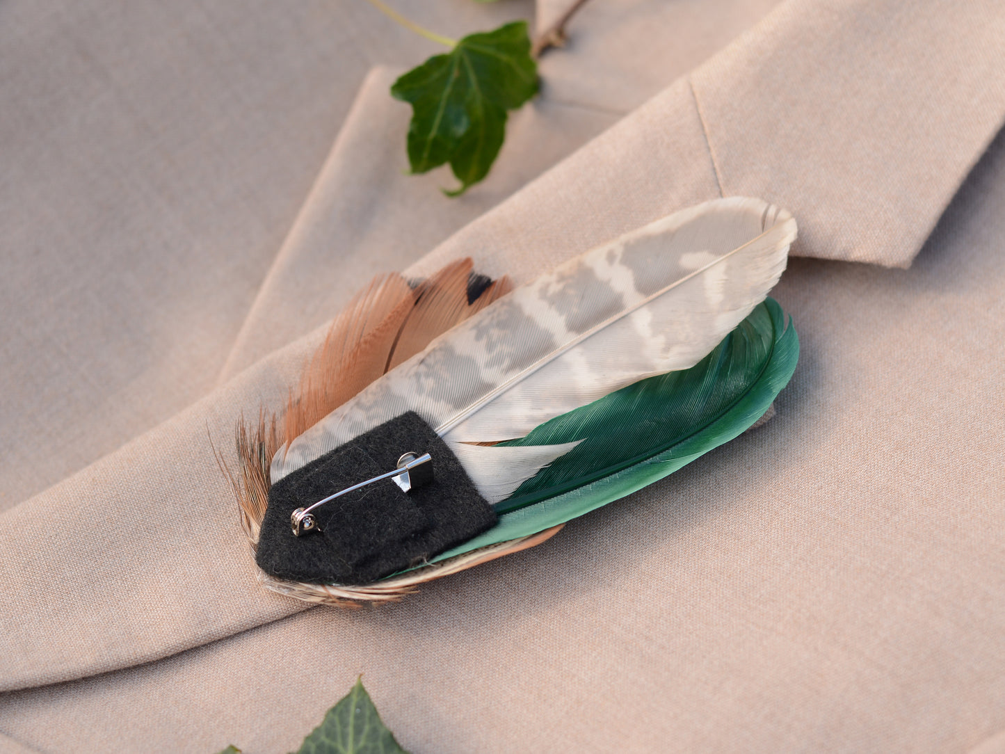 Pheasant Feather Hat Pin No.13 - Green and Copper Feather Brooch