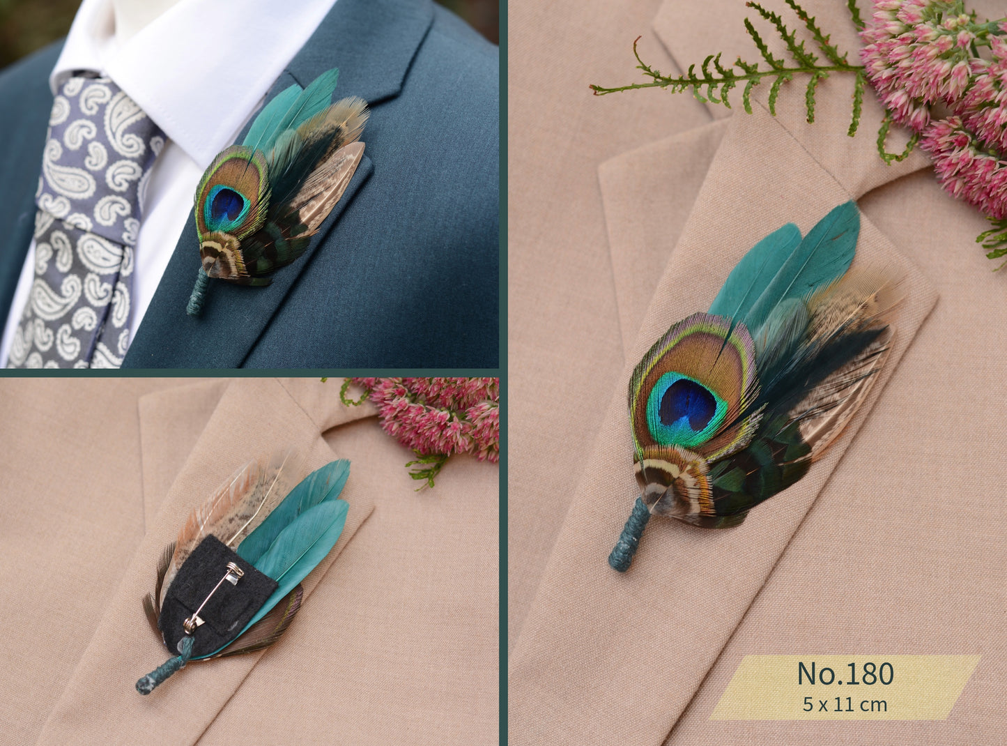 Teal, Green and Navy Peacock Feather Boutonnieres