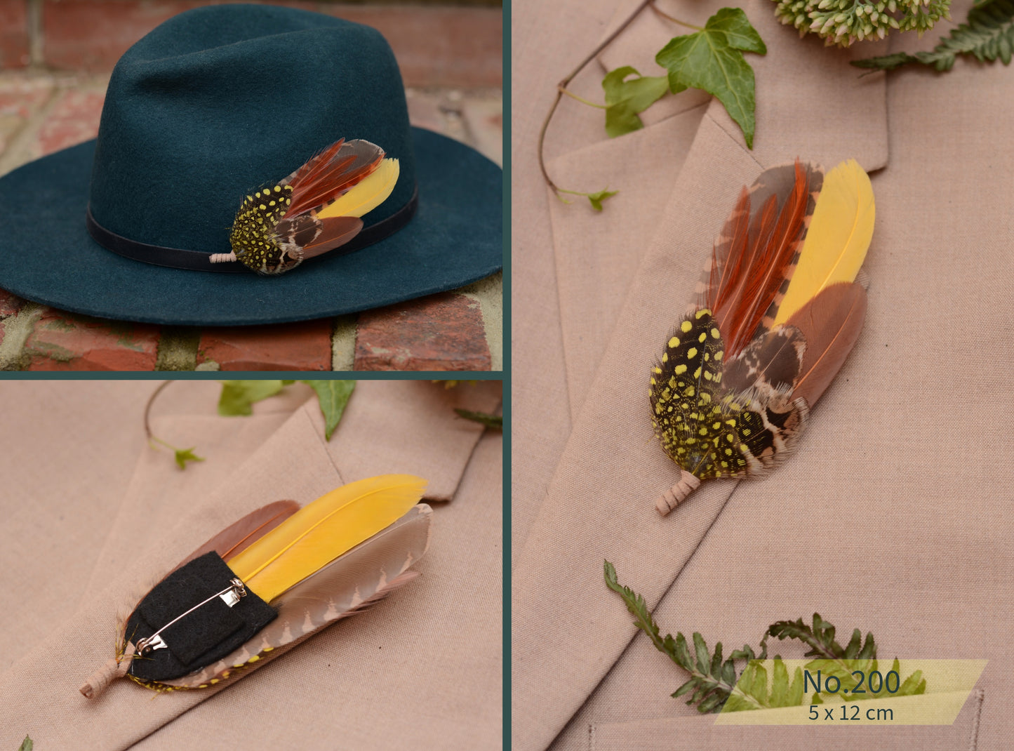 Feather Hat Pin / Broochs in Fall Colours Yellow and Burnt Orange