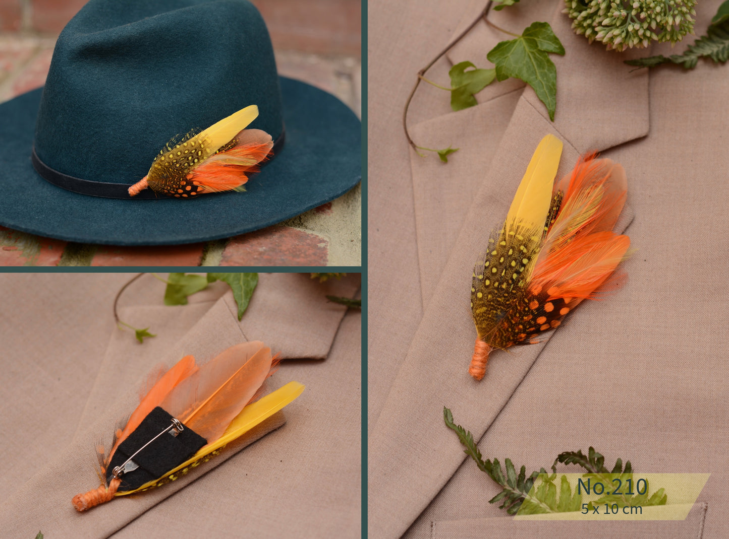 Feather Hat Pin / Broochs in Fall Colours Yellow and Burnt Orange
