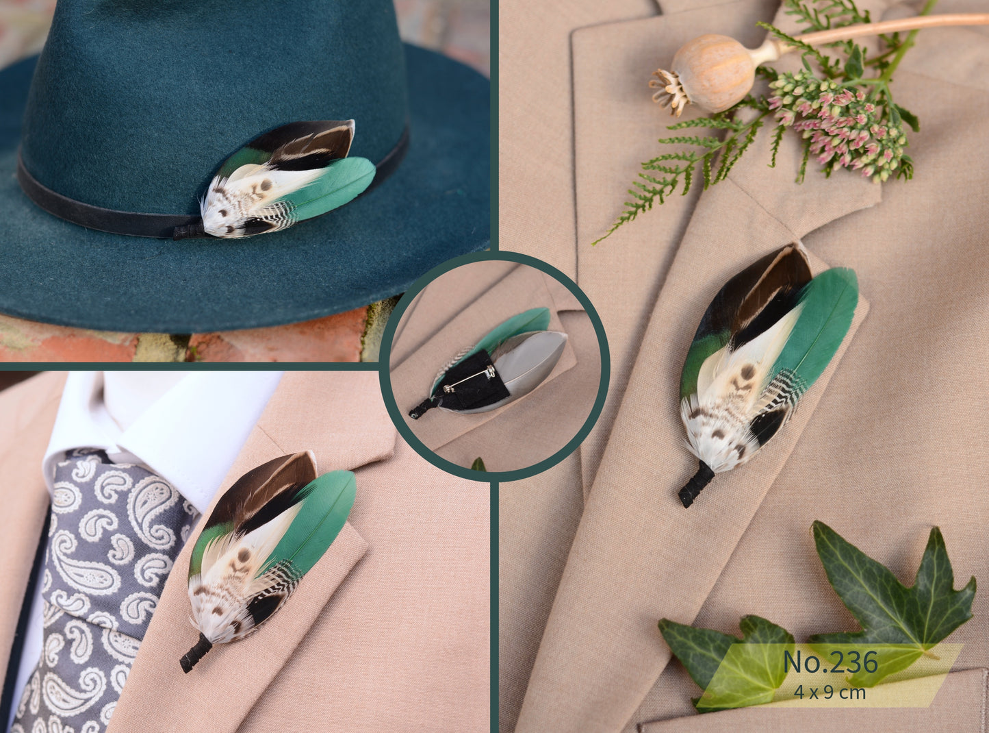 Bottle Green Duck Feather Boutonniere Pins