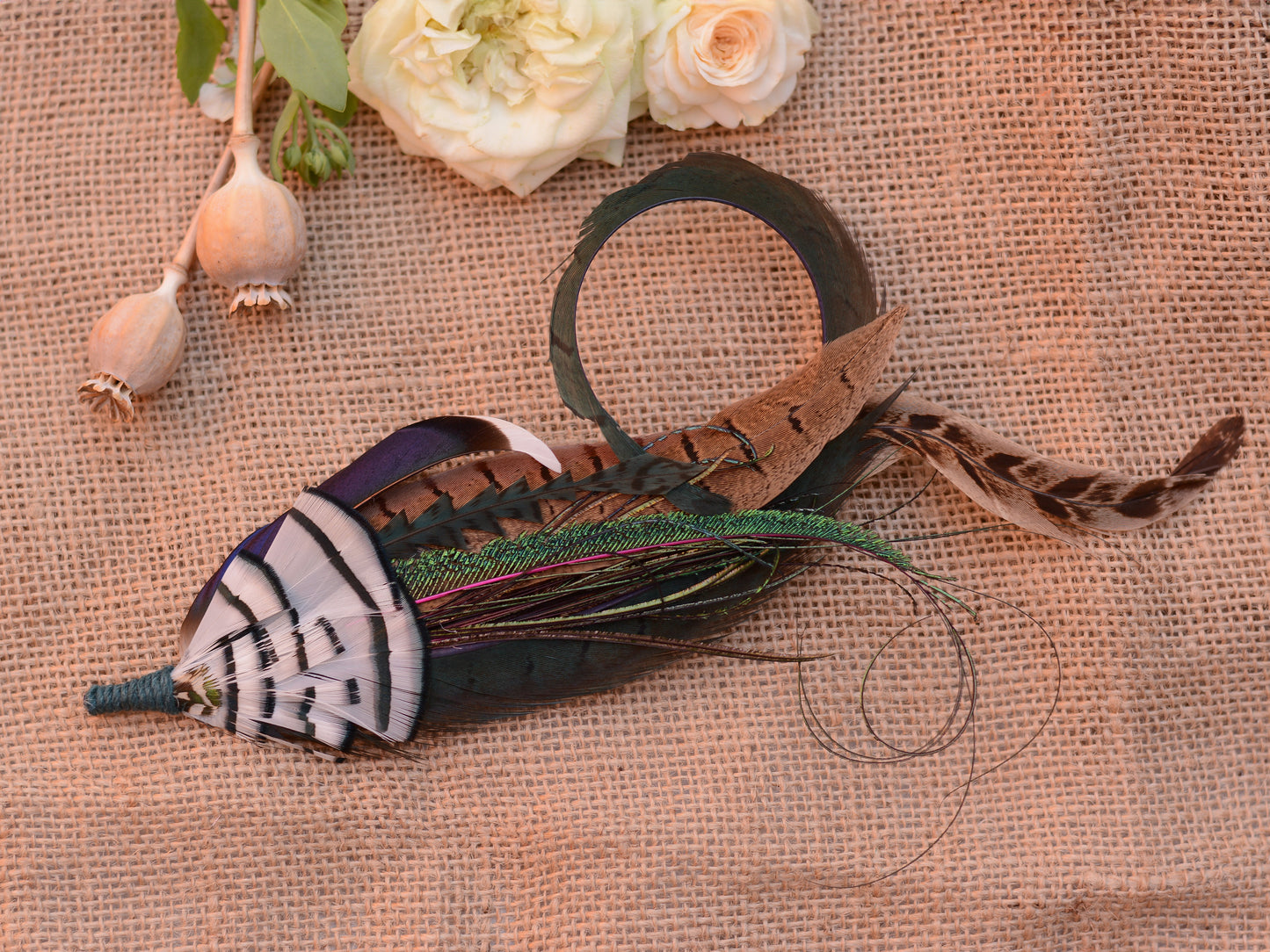 Green, Blue and White Luxury Feather Hat Pin / Lapel Pin No.328