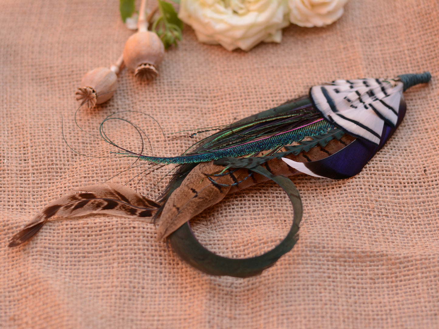 Green, Blue and White Luxury Feather Hat Pin / Lapel Pin No.328