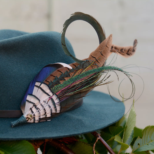 Green, Blue and White Luxury Feather Hat Pin / Lapel Pin No.328