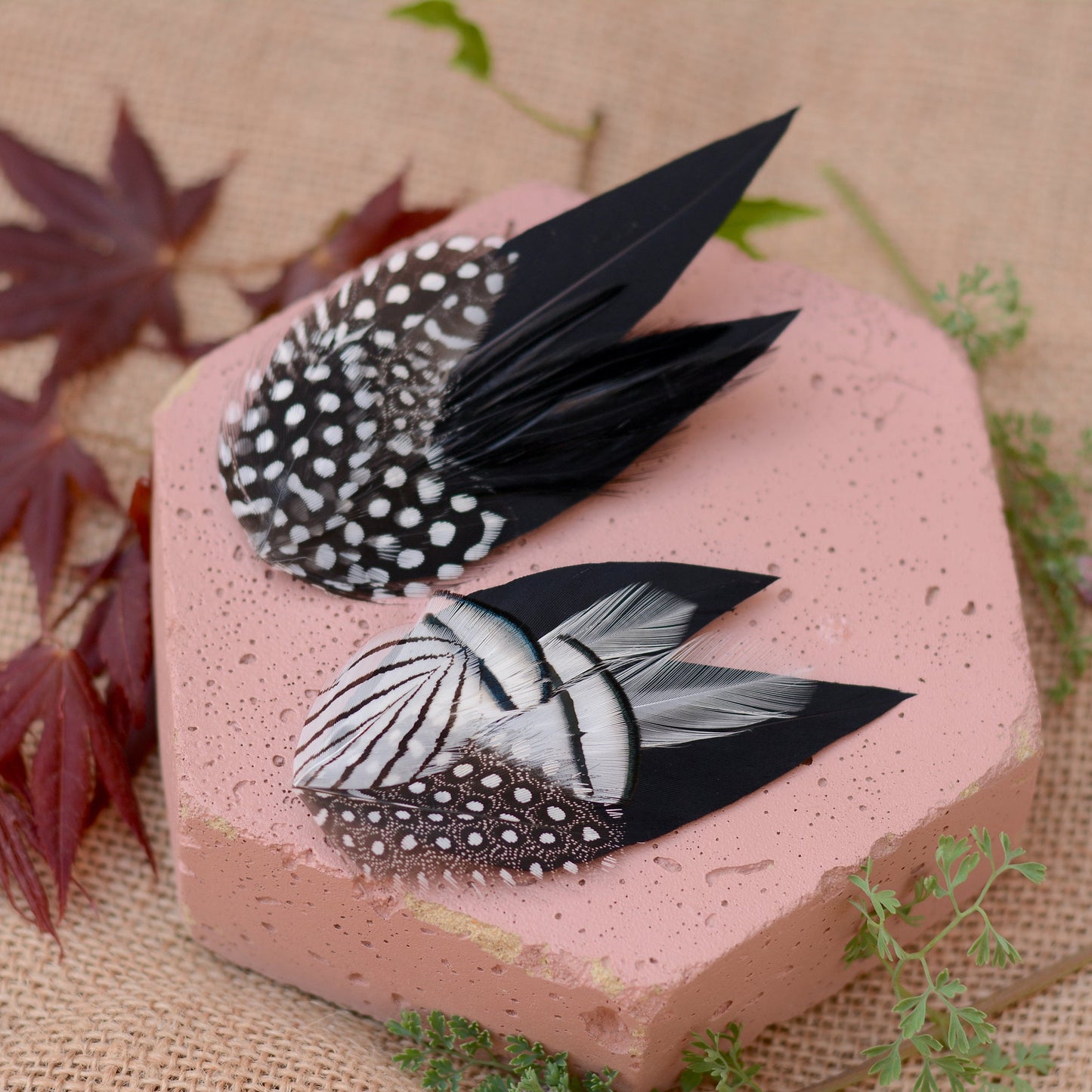 Black Monochrome Feather Lapel Pin with Spotted Guinea Fowl Feathers
