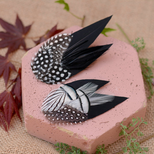 Black Monochrome Feather Lapel Pin with Spotted Guinea Fowl Feathers