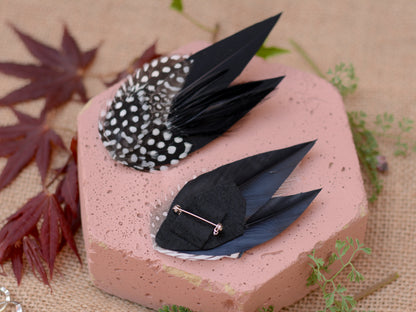 Black Monochrome Feather Lapel Pin with Spotted Guinea Fowl Feathers