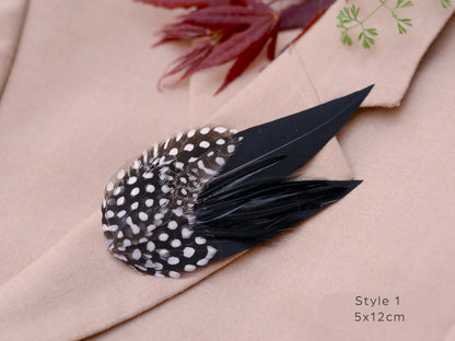 Black Monochrome Feather Lapel Pin with Spotted Guinea Fowl Feathers