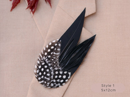Black Monochrome Feather Lapel Pin with Spotted Guinea Fowl Feathers