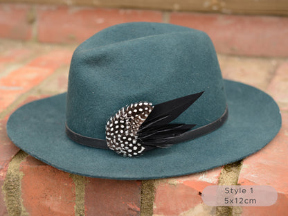 Black Monochrome Feather Lapel Pin with Spotted Guinea Fowl Feathers