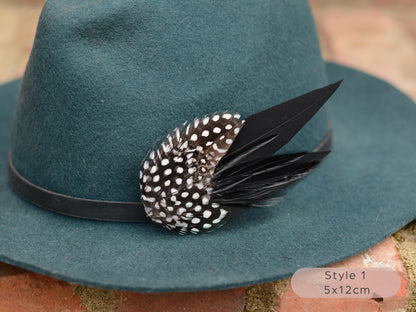 Black Monochrome Feather Lapel Pin with Spotted Guinea Fowl Feathers
