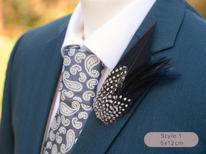 Black Monochrome Feather Lapel Pin with Spotted Guinea Fowl Feathers
