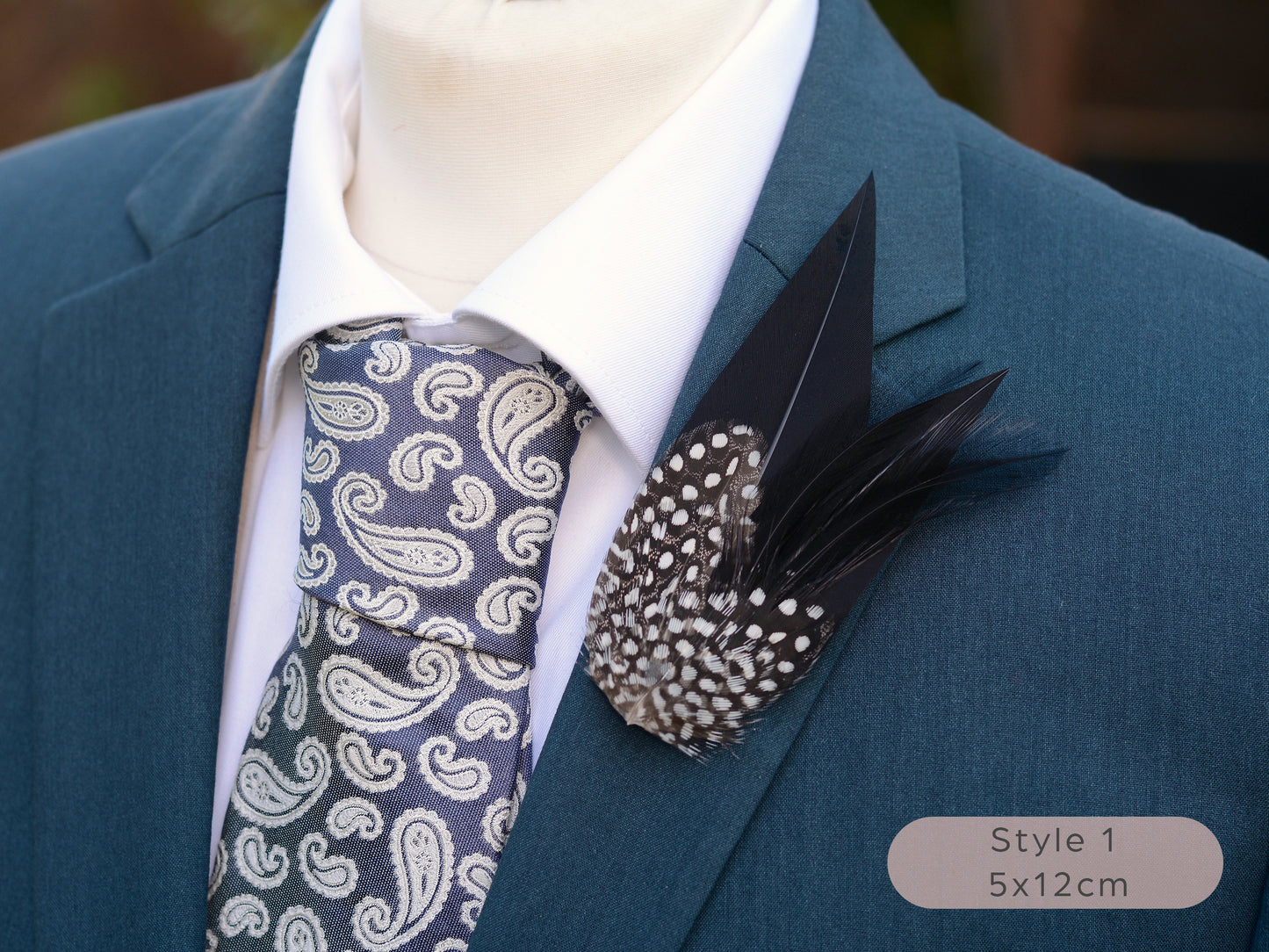 Black Monochrome Feather Lapel Pin with Spotted Guinea Fowl Feathers
