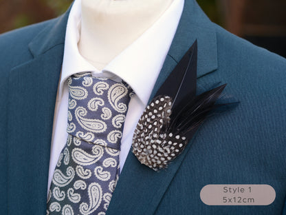 Black Monochrome Feather Lapel Pin with Spotted Guinea Fowl Feathers