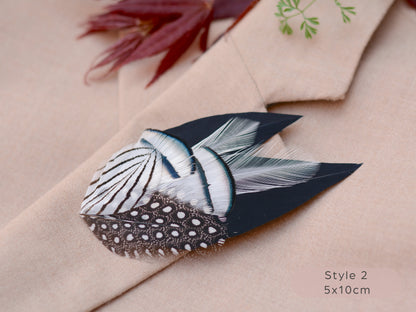 Black Monochrome Feather Lapel Pin with Spotted Guinea Fowl Feathers