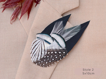 Black Monochrome Feather Lapel Pin with Spotted Guinea Fowl Feathers