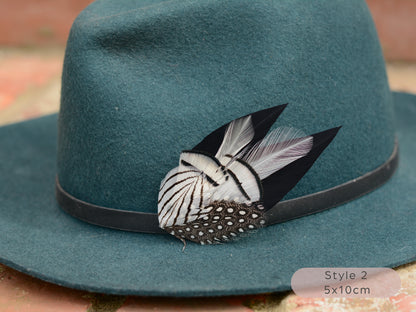Black Monochrome Feather Lapel Pin with Spotted Guinea Fowl Feathers